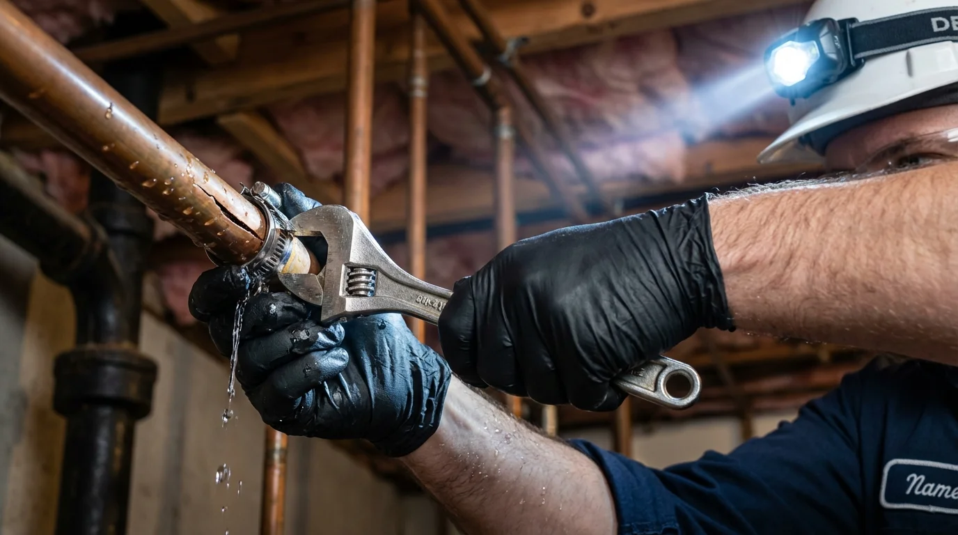 Emergency pipe clamp repair being performed by a Johns Plumbing LLC plumber in Ortonville