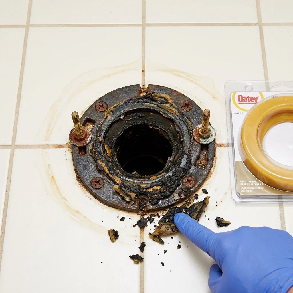 Failed wax ring showing water seepage at the base of a toilet in a Ortonville, MI home