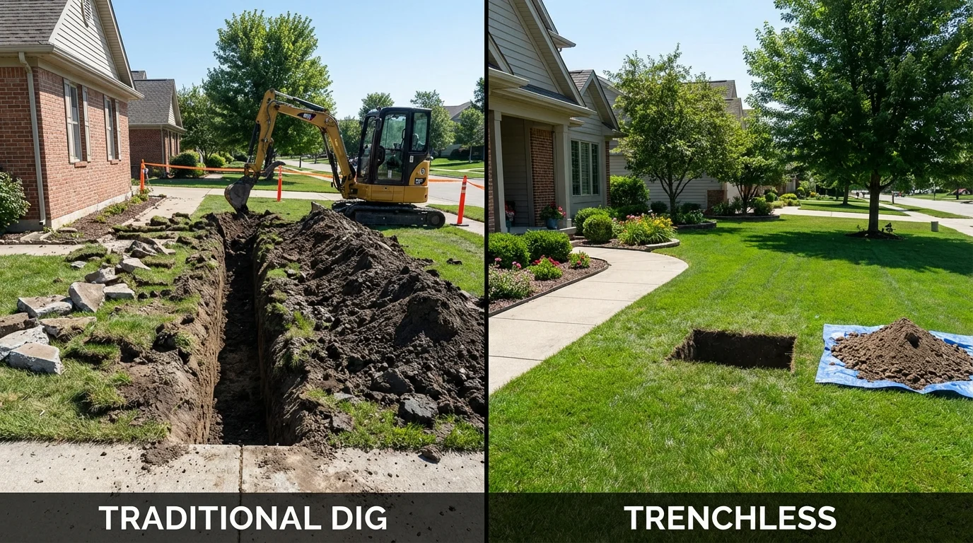 Trenchless sewer repair with minimal yard damage versus traditional excavation in Ortonville, MI
