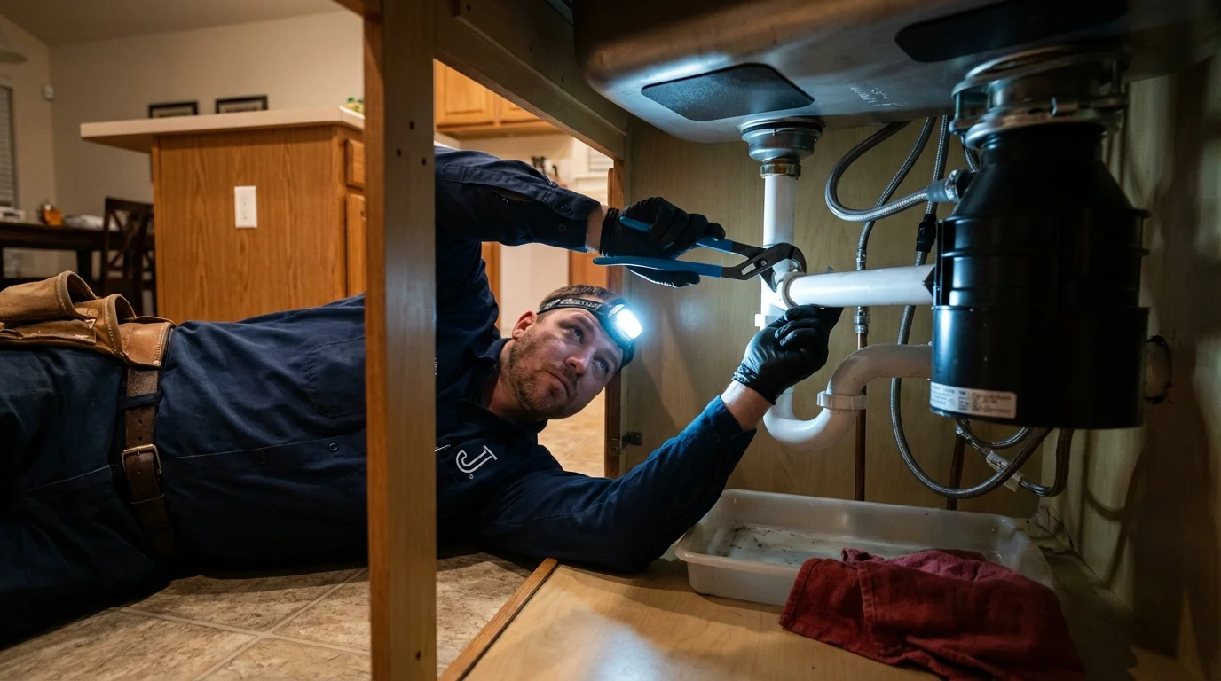 P-trap and supply line connections under a kitchen sink showing a common leak point in Ortonville, MI